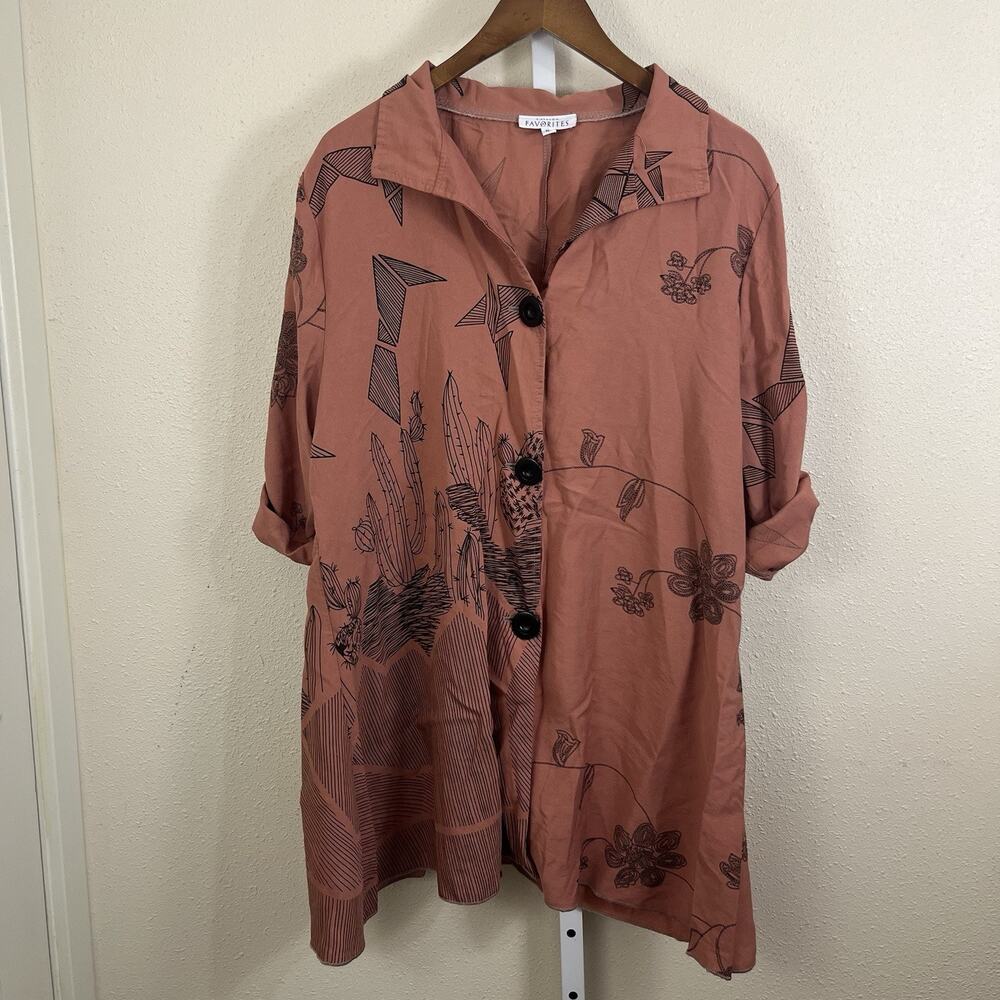 Catalog Favorites Button Down Tunic Blouse Womens XL Art To Wear Cactus Abstract